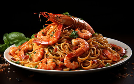 "Spaghetti with Shrimp on a White Background in a Photo"の写真素材