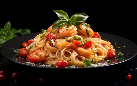 "Spaghetti with Shrimp on a White Background in a Photo"の写真素材