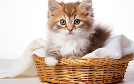 "Cat in a Basket on a White Background in a Photo"の写真素材