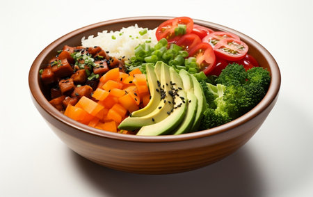 "Delicious Lunch Bowl with Calorie Information on White Background"の写真素材