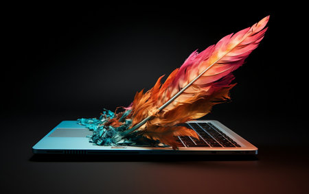 "Technological Progress: From Feather to Laptop"の写真素材