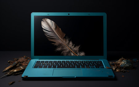 "Technological Progress: From Feather to Laptop"の写真素材