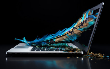 "Technological Progress: From Feather to Laptop"の写真素材