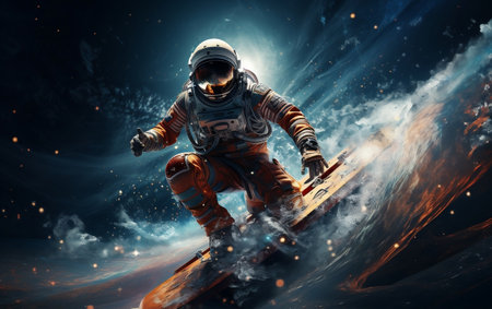 "Astronaut in Spacesuit on Surfboard"の写真素材
