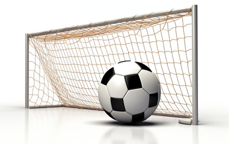 "Soccer Football Ball in Goal Net Isolated on a White Background"の写真素材