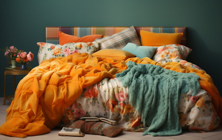"Bed with Assorted Linens and Pillows in Different Colorsの写真素材
