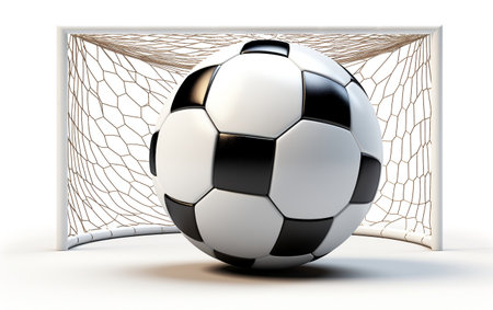 "Soccer Football Ball in Goal Net Isolated on a White Background"の写真素材
