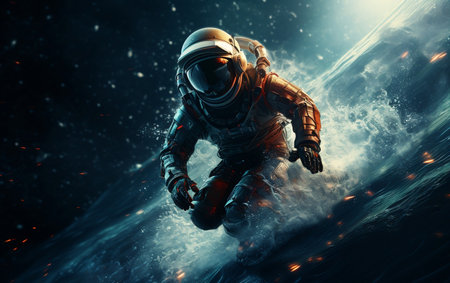 "Astronaut in Spacesuit on Surfboard"の写真素材