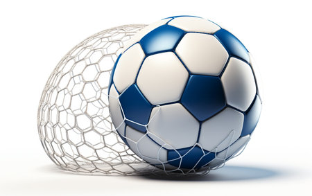 "Soccer Football Ball in Goal Net Isolated on a White Background"の写真素材