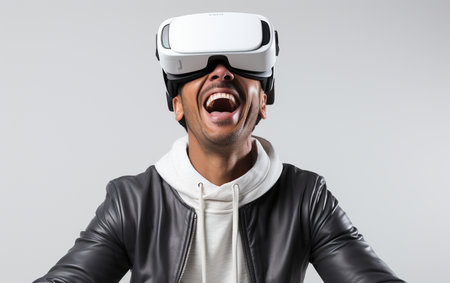 man showing the advertising new virtual reality heads on the white backgroundの素材
