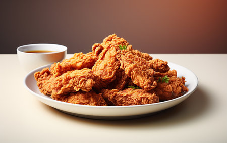 "Fried Chicken Piece on White Plate with a White Background"の素材