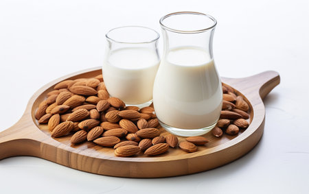 "Almond Milk and Almonds on a Wooden Plate with White Background"の素材