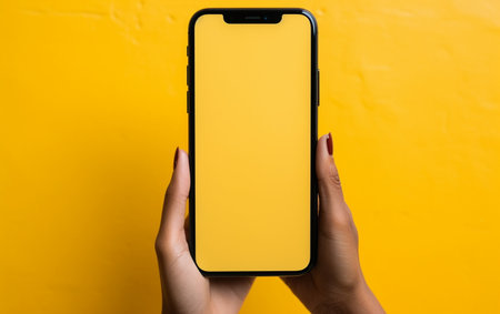 Full Size Smiling Happy Young Woman Using Mobile on a Yellow Backgroundの素材
