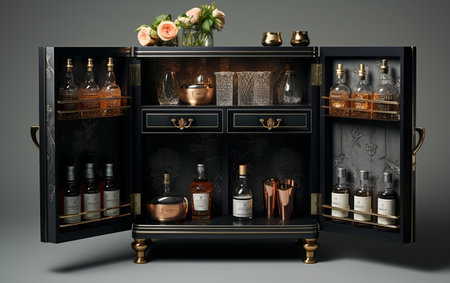 A Sleek Black Bar Cabinet on a White Backgroundの素材