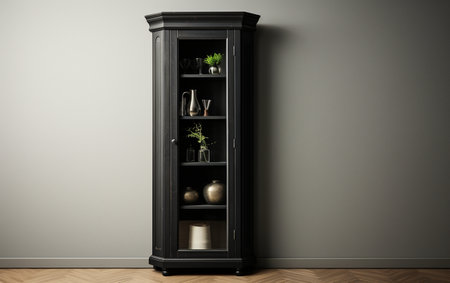 A Black Corner Cabinet Placed on a White Surfaceの素材