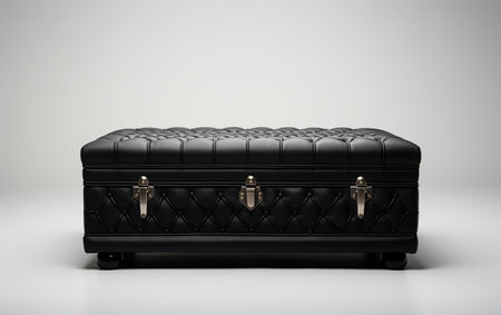 Black ottoman bed against a white background.の素材