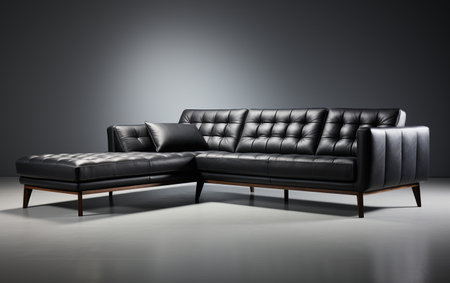 Sectional sofa in black on a white background.の素材