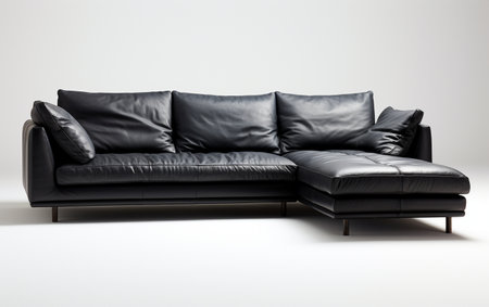 A black sectional sofa on a white background.の素材