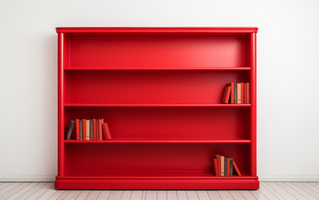 Red bookshelf against a white background.の素材