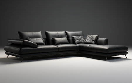 Black sectional sofa against a white background.の素材