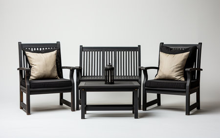 Teak furniture in black against a white background.の素材