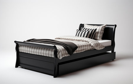 Black trundle bed against a white background.の素材