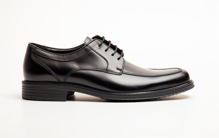 Stylish Black Loafers Against a White Backdropの素材