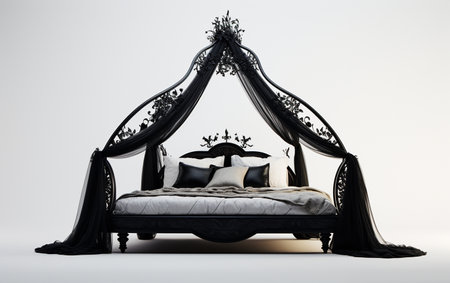 Canopy bed in black on a white background.の素材