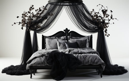 Black canopy bed on a white background.の素材