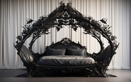 Black canopy bed against a white background.の素材