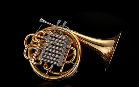 Classic French Horn on black surfaceの素材