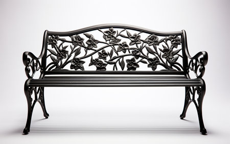 A black garden bench against white background.の素材