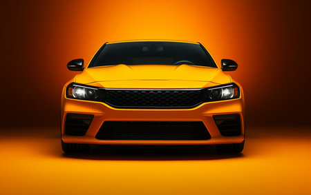Bright car headlights against a yellow setting.の素材