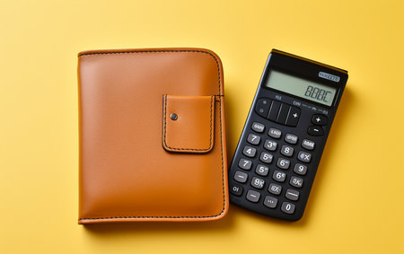Displayed against the yellow background are a wallet and calculator.の素材