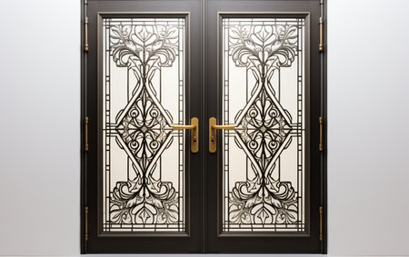 Glass door panels on a plain white surfaceの素材