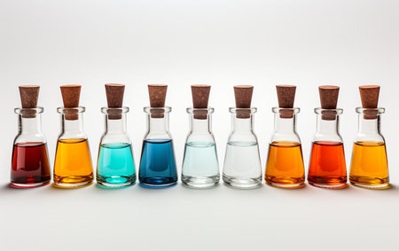 Glass medical vials on a plain white surfaceの素材