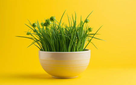 Chives in a White Bowl on a Yellow Backgroundの素材