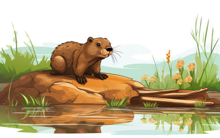 A Busy Beaver Building a Dam Near a River Isolatedの素材