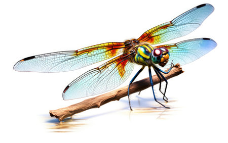 A colorful dragonfly perched on a twig, wings shimmeringの素材
