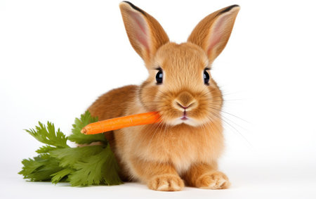A Cute Rabbit Munching on a Carrot Isolated on Whiteの素材
