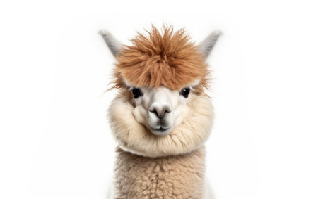 A Fluffy Alpaca with a Curious Expression Isolated On a Sunny Meadowの素材