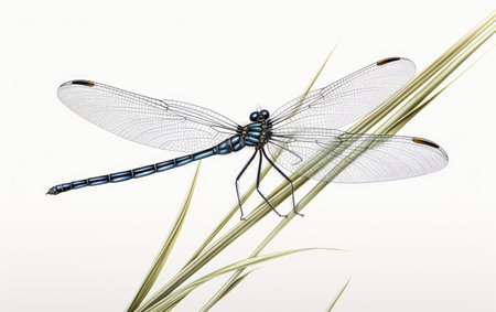 An Intricate Picture of a Damselfly on a Reedの素材