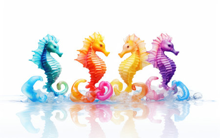 Colorful Seahorses Swimming in the Ocean on a White Backgroundの素材