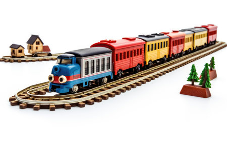 Toy Trains and Railway Tracks on a White Backgroundの素材