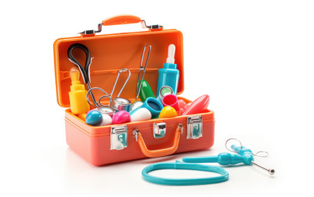 Toy Doctor's Kit with Medical Tools on Whiteの素材