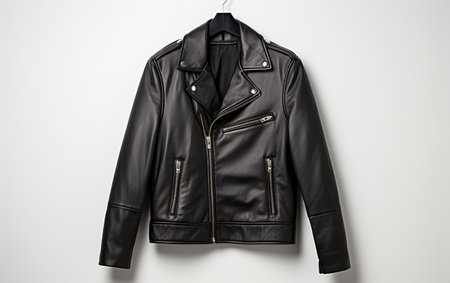 Black Leather Jacket on White Background with Hangerの素材