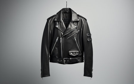 Black Leather Jacket Hung on White Backgroundの素材