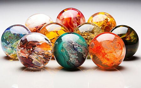 Glass paperweights against a white backdropの素材