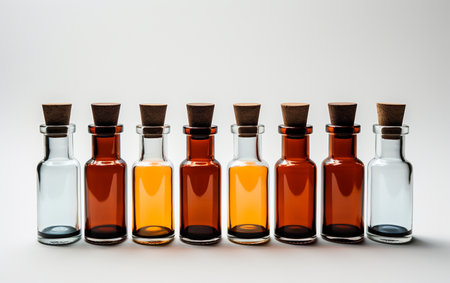 Glass medical vials against a white backdropの素材