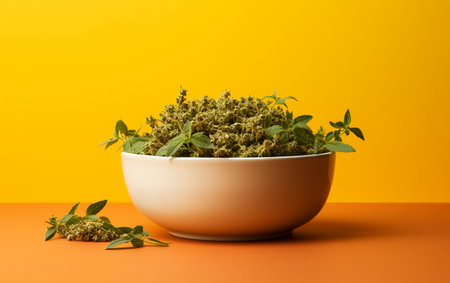 Oregano in a White Bowl on a Yellow Backgroundの素材